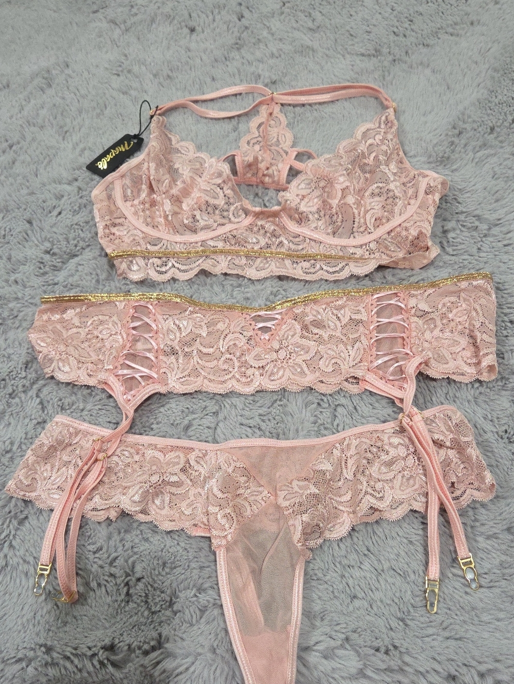 Hustlers Hollywood Delicate Lace Bralette & Garter Set - Pink Read Description